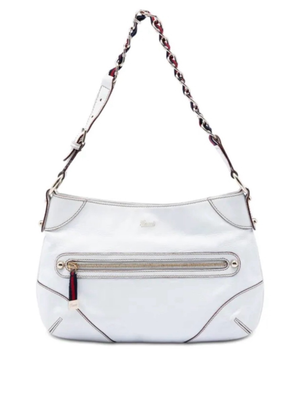 Gucci White Calfskin Web Capri Ranch Kid Shoulder Bag - Web & Chain Strap